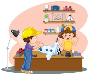 Çocuklar birlikte bir roketi tamir ediyorlar.