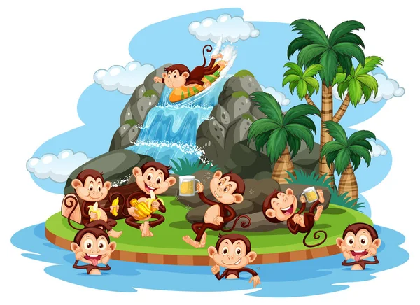 Isolated Island Many Monkeys Cartoon Character Illustration — Stock Vector