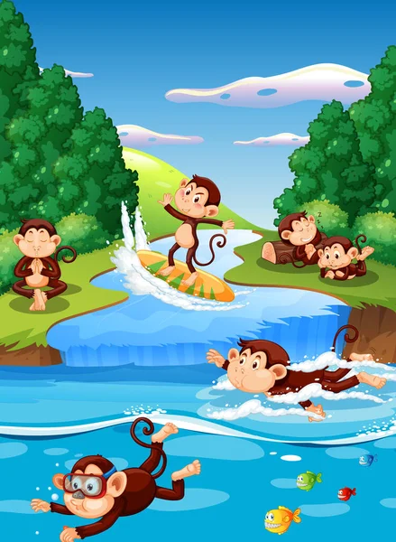 Forest River Scene Monkey Cartoon Characters Illustration — Stock Vector