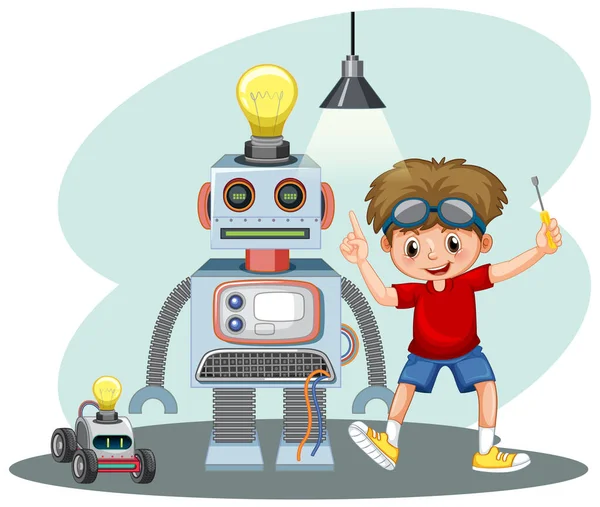 Ung Pojke Fastställande Robot Illustration — Stock vektor