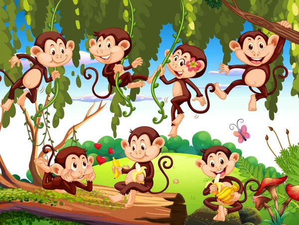 Cena Floresta Com Engraçado Macacos Desenho Animado Ilustração — Vetor de Stock