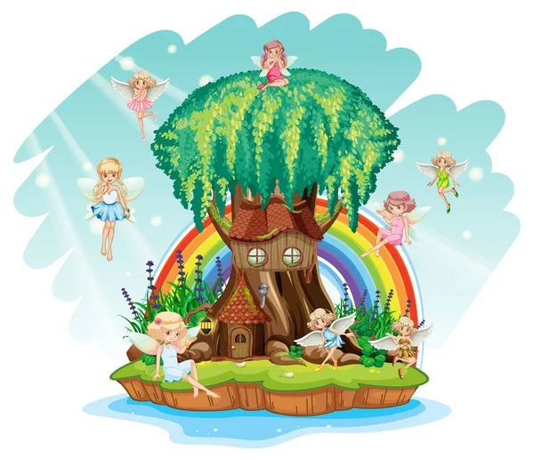 妖精や虹のイラストと木の幹の中のファンタジーツリーハウス — ストックベクタ