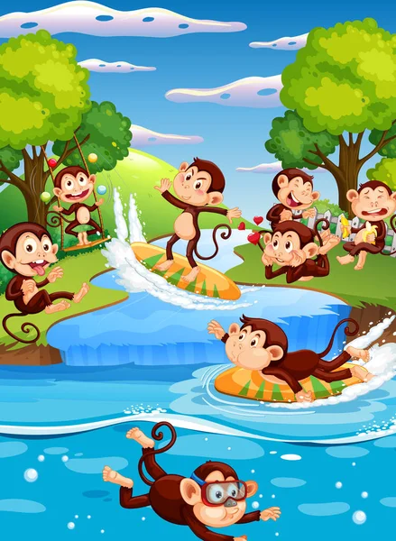 Lesní Řeka Scéna Opice Kreslené Postavičky Ilustrace — Stockový vektor