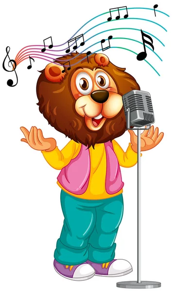 Leone Del Fumetto Che Canta Con Illustrazione Del Microfono — Vettoriale Stock