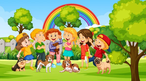 Park Scène Met Kinderen Spelen Met Hun Dieren Illustratie — Stockvector