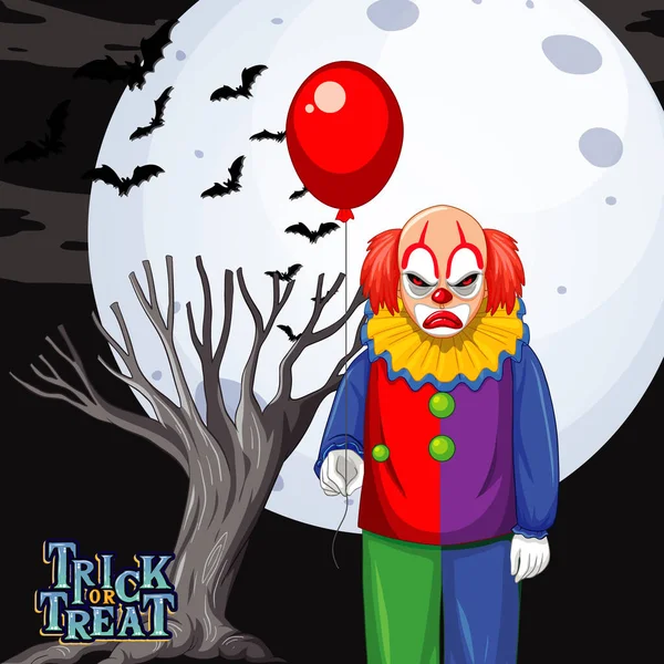 Scary Clown Holding Balloon Full Moon Background Illustration — Stock Vector