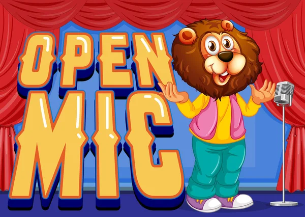 Open Mic Banner Design Mit Lion Cartoon Performing Singing Illustration — Stockvektor