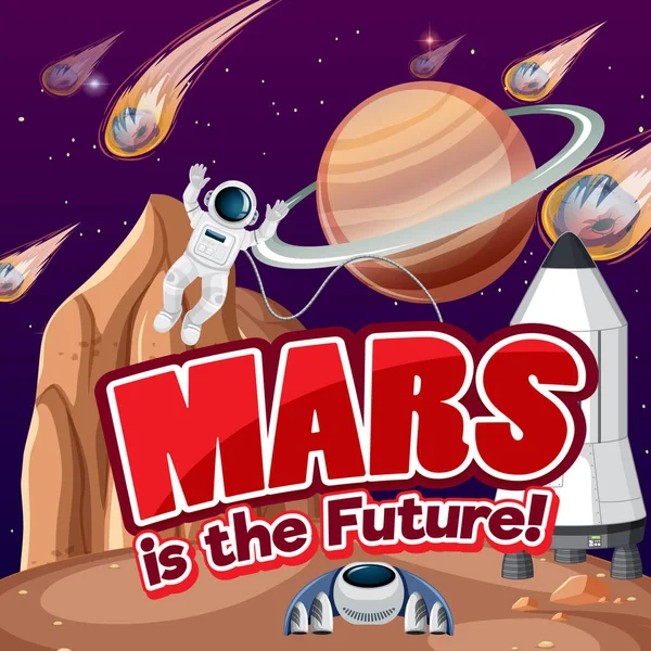 Mars Toekomstige Cartoon Banner Met Astronaut Planeet Illustratie — Stockvector