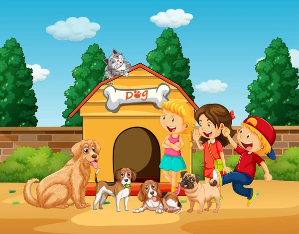 犬のイラストで遊ぶ子供たちと遊び場シーン — ストックベクタ
