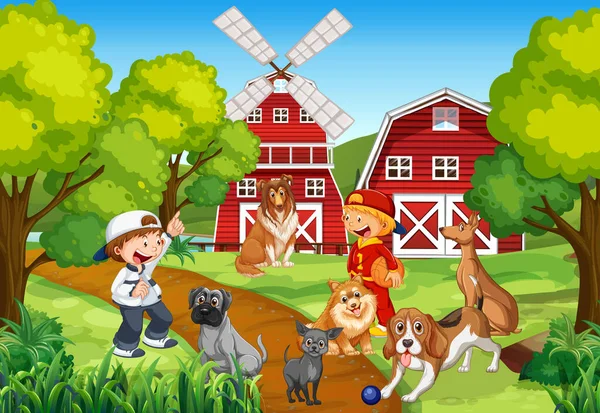 Farmářská Scéna Dětmi Hrající Psy Ilustrace — Stockový vektor