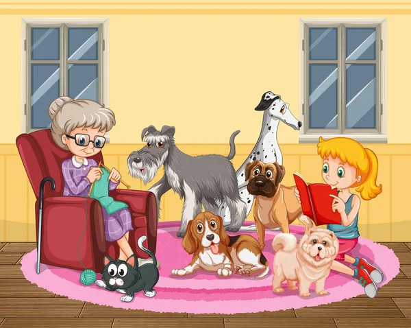 Бабуся Язання Багатьма Собаками Ілюстрація Ліцензійні Стокові Вектори