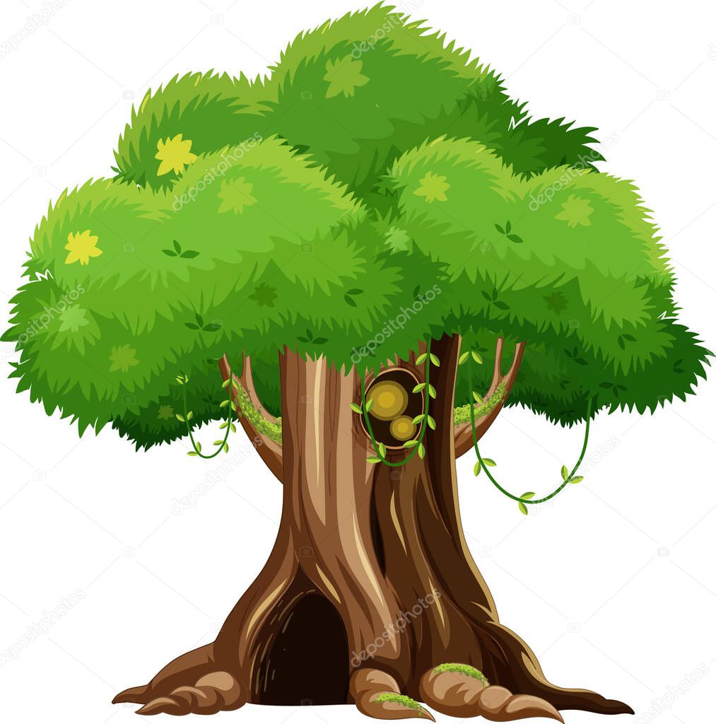 Fantasy tree house inside tree trunk on white background illustration