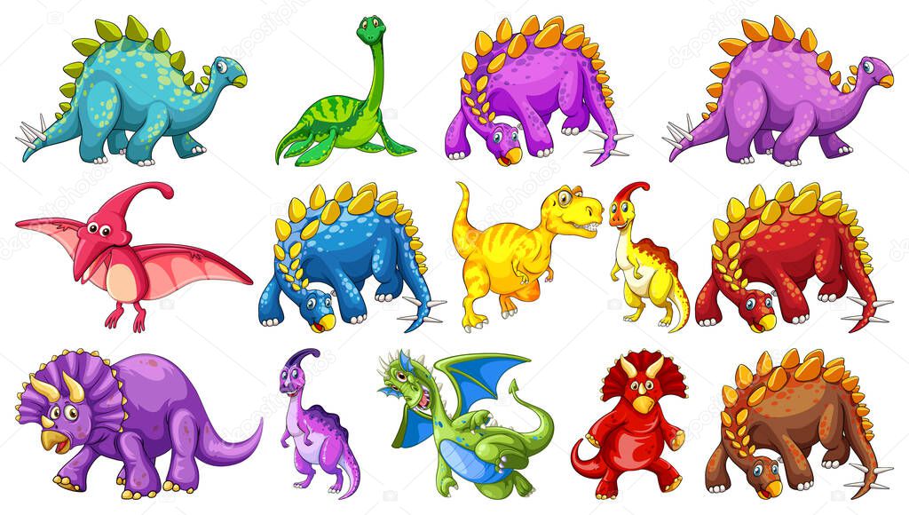 Different dinosaurs cartoon character and fantasy dragons isolated illustration