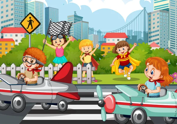 Escena Aire Libre Con Niños Coche Carreras Ilustración — Vector de stock