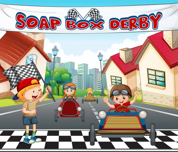 Zeep Doos Derby Scène Met Kinderen Racen Auto Illustratie — Stockvector