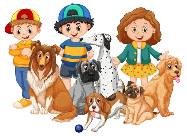 Χαμογελώντας Παιδιά Σκυλιά Τους Εικονογράφηση — Διανυσματικό Αρχείο