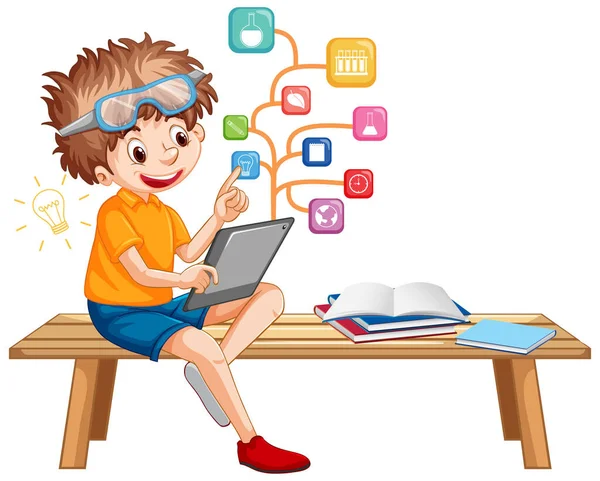 Jongen Met Behulp Van Tablet Met Onderwijs Pictogrammen Illustratie — Stockvector