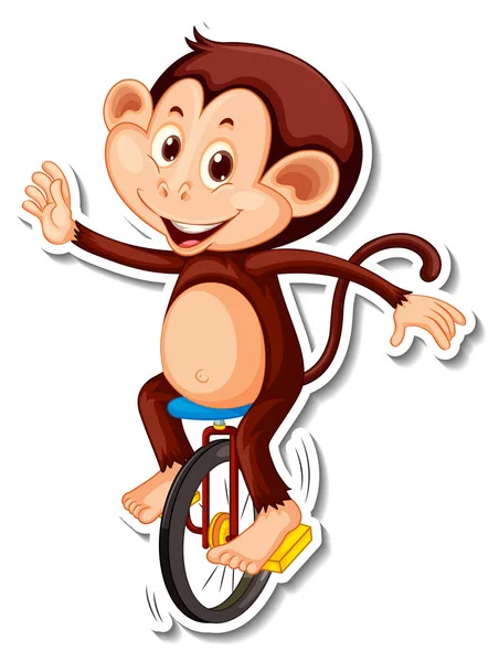 Singe Promenades Monocycle Dessin Animé Personnage Autocollant Illustration — Image vectorielle