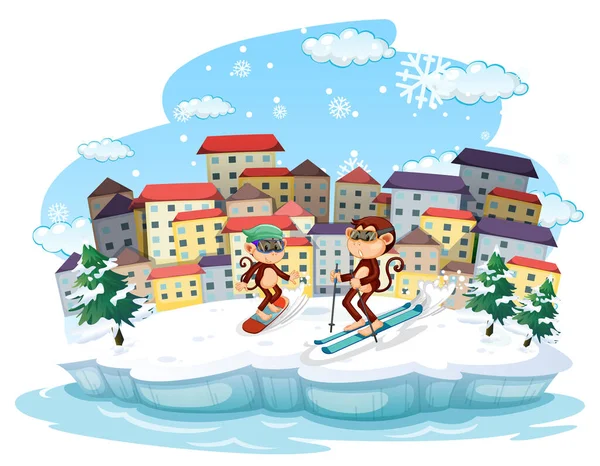 猴子在雪地里滑雪日的场景图解 — 图库矢量图片