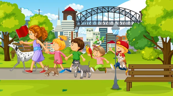 Kinder Spazieren Mit Ihren Tieren Park Illustration — Stockvektor