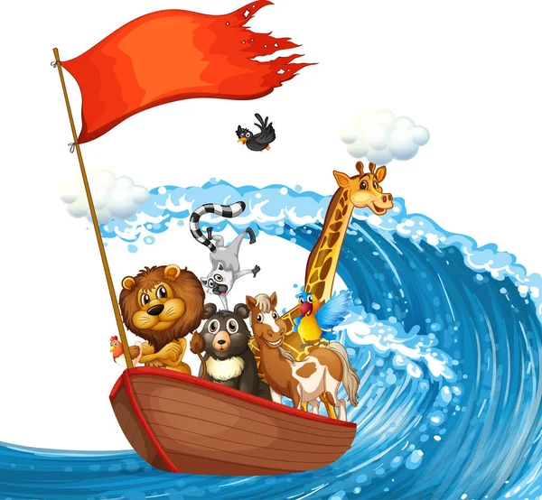 Wilde Tiere Auf Dem Schiff Mit Meereswellen Illustration — Stockvektor