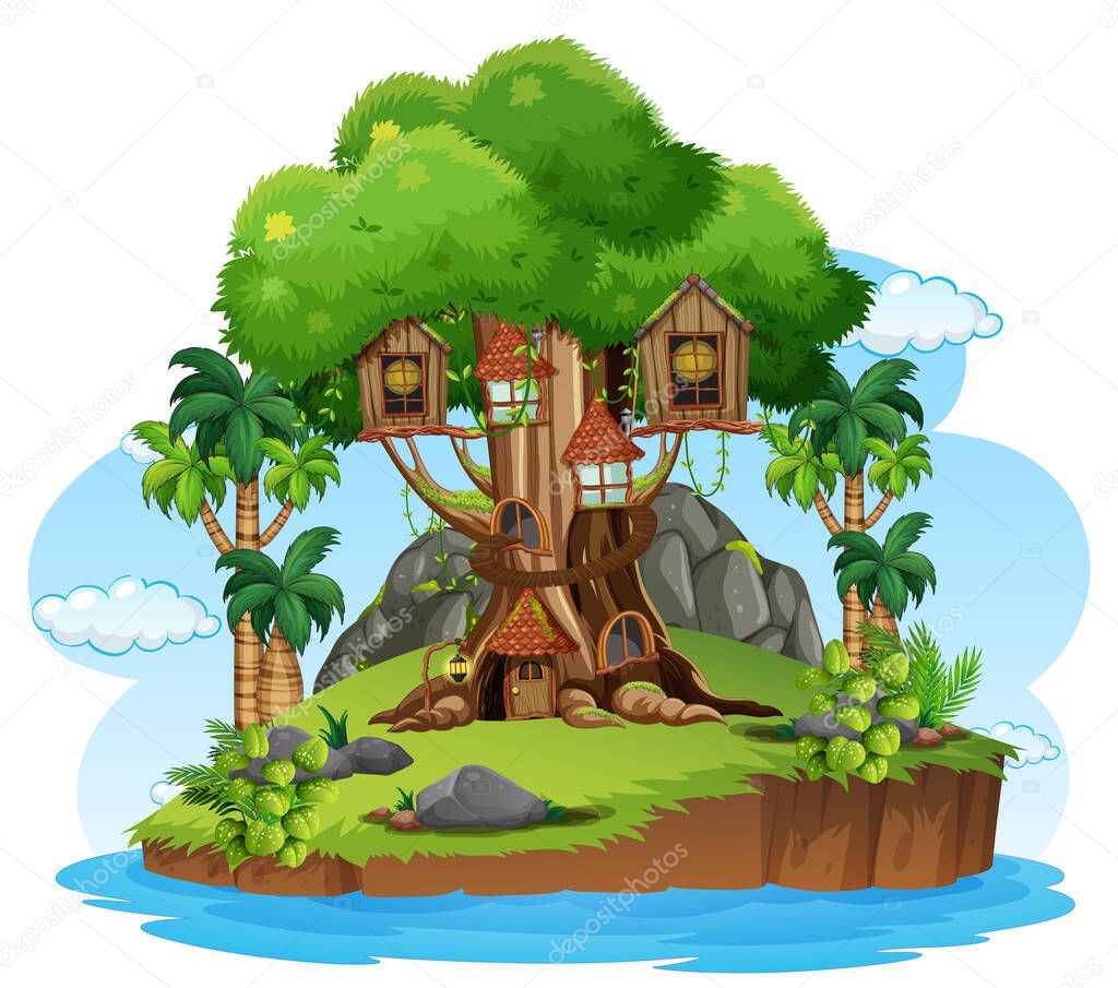 Fantasy tree house in the forest illustration