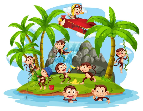 Isolierte Insel Mit Kleinen Affen Cartoon Illustration — Stockvektor