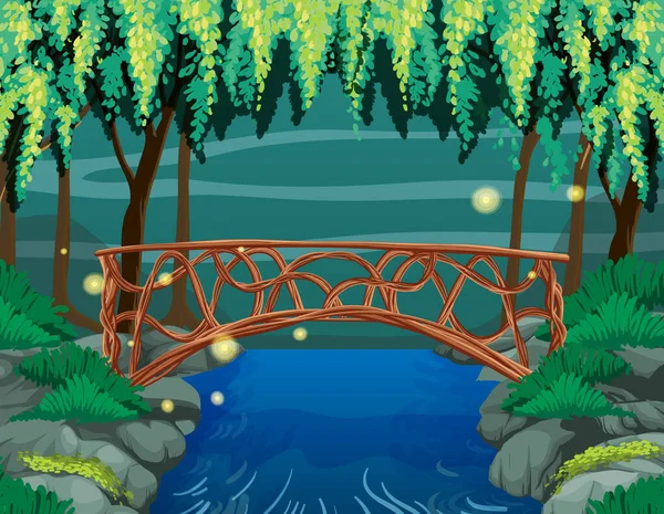 Taş Köprü Resimli Büyüleyici Bahçe Sahnesi — Stok Vektör