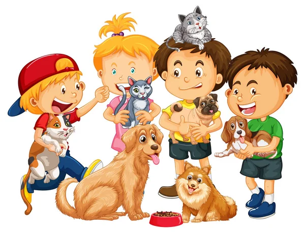 Barn Med Sina Hundar Och Katter Vit Bakgrund Illustration — Stock vektor