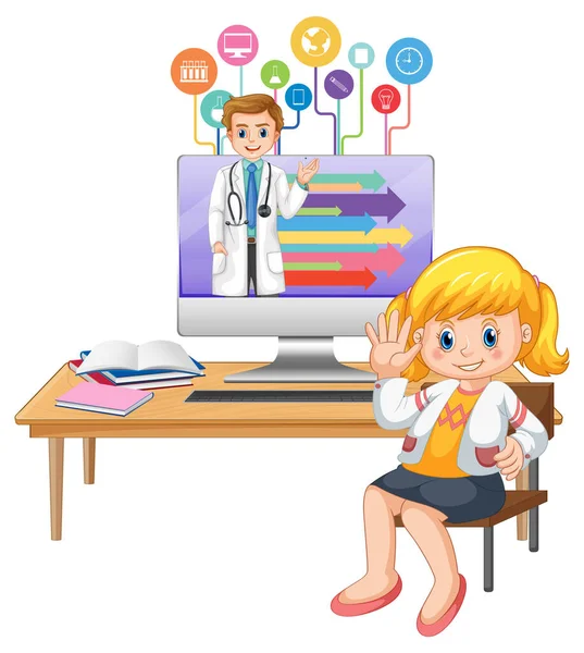 Young Girl Studying Front Computer Illustration — Stock Vector