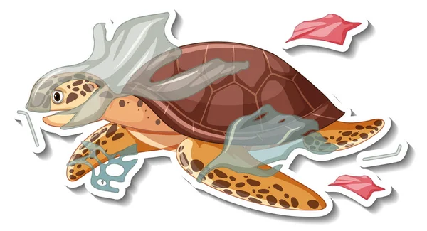Tartaruga Presa Com Plástico Lixo Desenho Animado Etiqueta Ilustração —  Vetores de Stock