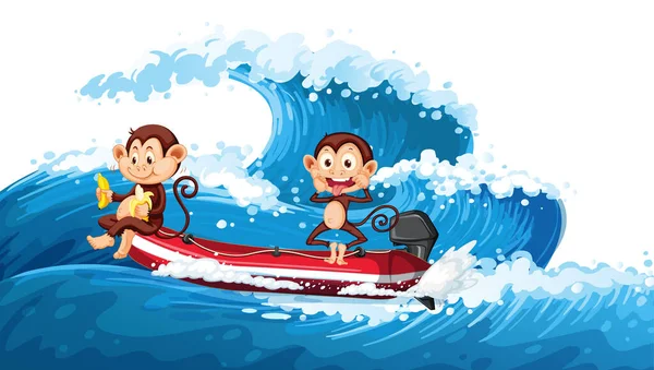 Två Små Apor Båt Med Ocean Wave Illustration — Stock vektor