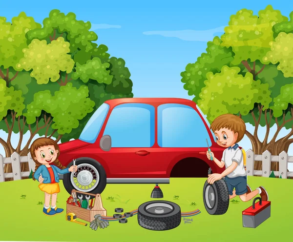 Scène Extérieure Avec Papa Fille Fixant Une Voiture Ensemble Illustration — Image vectorielle