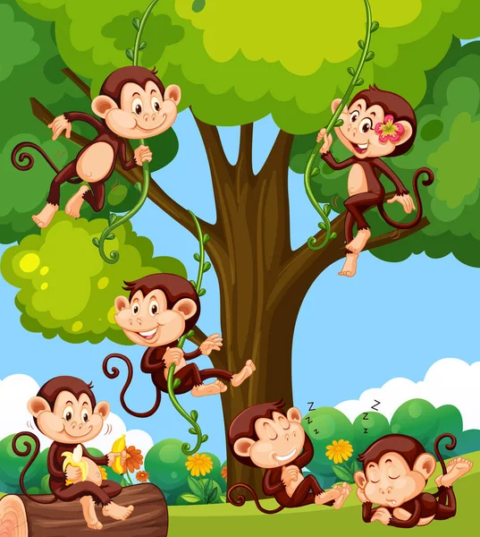 Cena Floresta Com Pequenos Macacos Fazendo Diferentes Atividades Ilustração — Vetor de Stock