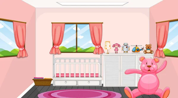 Diseño Interior Dormitorio Rosa Con Muebles Para Niños Ilustración — Vector de stock