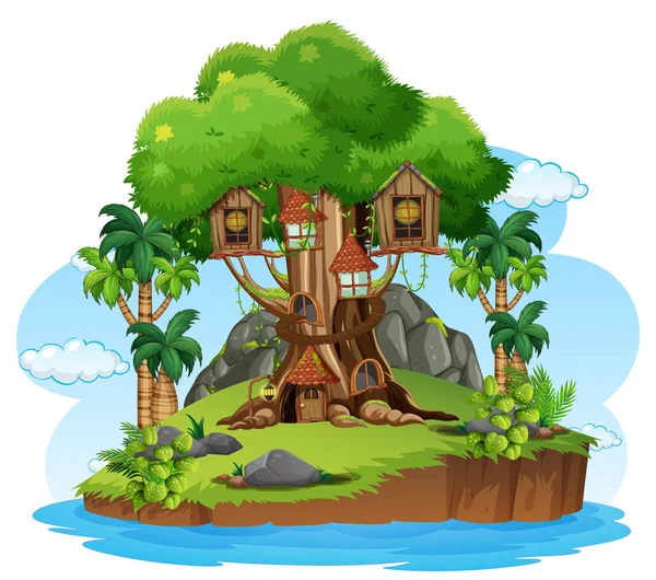 Fantasy Casa Sull Albero Nella Foresta Illustrazione — Vettoriale Stock