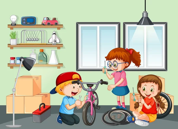 Niños Arreglando Una Bicicleta Juntos Escena Habitación Ilustración — Archivo Imágenes Vectoriales