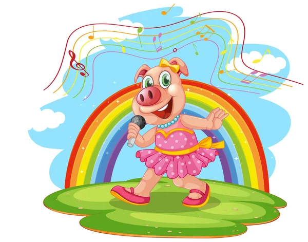Pig Singing Cartoon Character Rainbow Background Illustration — Stock Vector