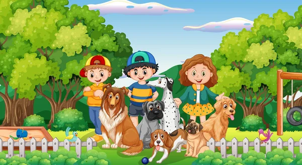 Park Jelenet Gyerekekkel Játszanak Kutyáikkal Illusztráció — Stock Vector