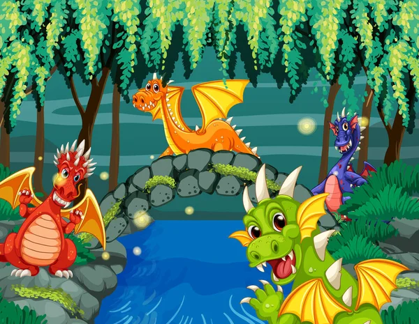 Dragons Dans Forêt Enchantée Illustration Fond — Image vectorielle