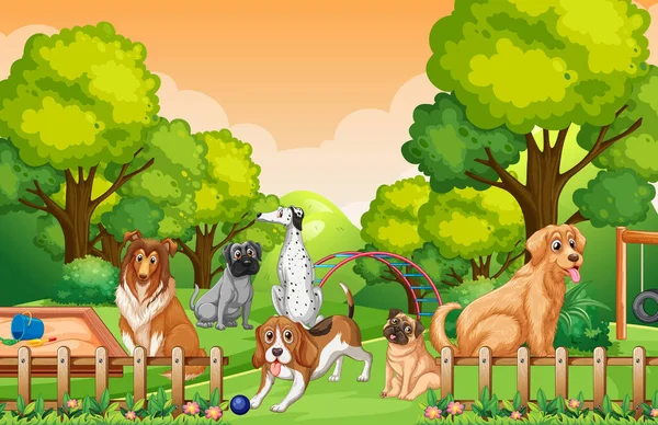 さまざまな犬のイラストが描かれた公園の自然シーン — ストックベクタ