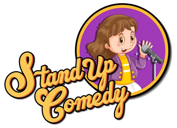Stand Comedy Logo Design Girl Cartoon Character Illustration — Stock Vector