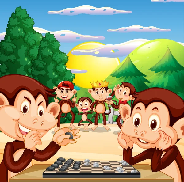 Two Monkeys Playing Chess Together Illustration — Stock Vector