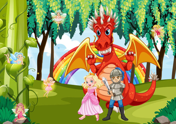Cartoon dragon and knight in enchanted forest illustration