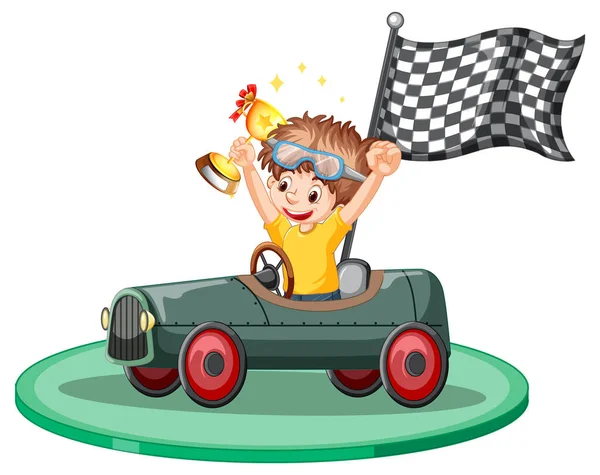 Ganador Niño Sosteniendo Trofeo Ilustración Del Coche Carreras — Vector de stock