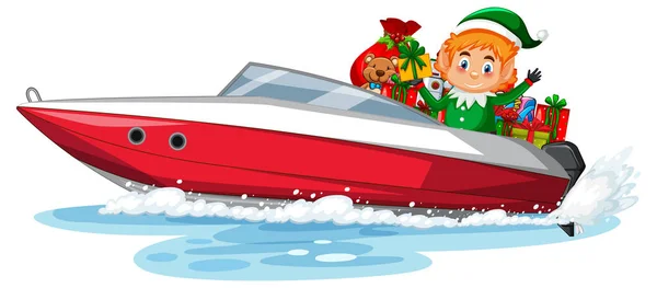 Christmas Elf Speed Boat His Gifts Illustration — Stock Vector