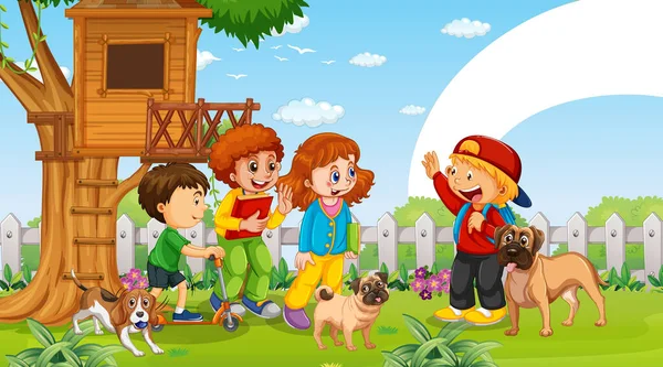 Děti Hrají Svými Zvířaty Ilustraci Parku — Stockový vektor