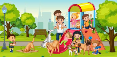 Köpeklerle oynayan çocukların olduğu oyun alanı sahnesi