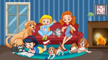 Mutlu aile ve köpek resimli oda sahnesi
