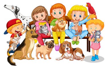 Beyaz arkaplanda kedileri ve köpekleri olan çocuklar.